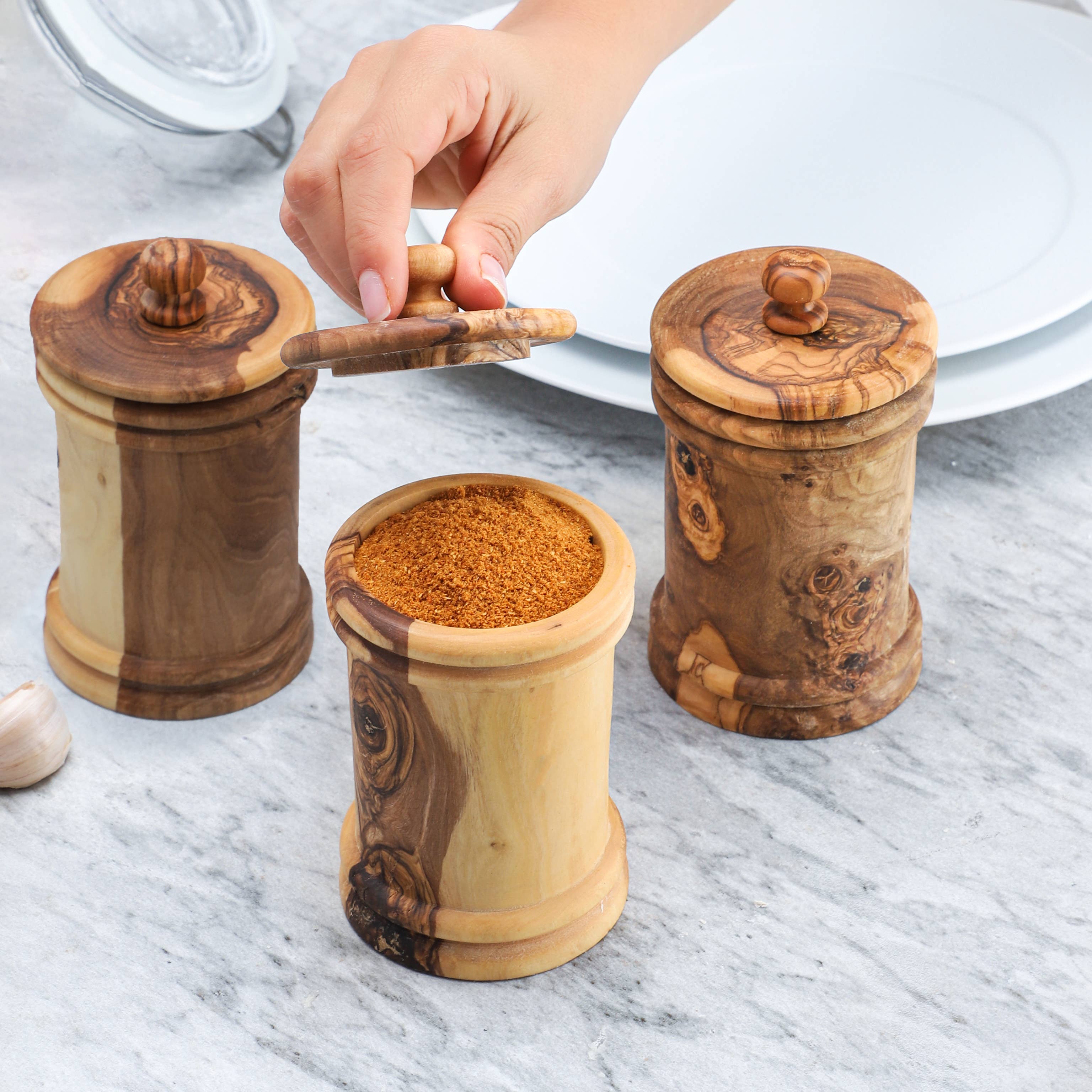 Texas Olive Wood Company - Wholesale Salt Mill - Handmade Olive Wood Spice Jars with Lift Off Lids5