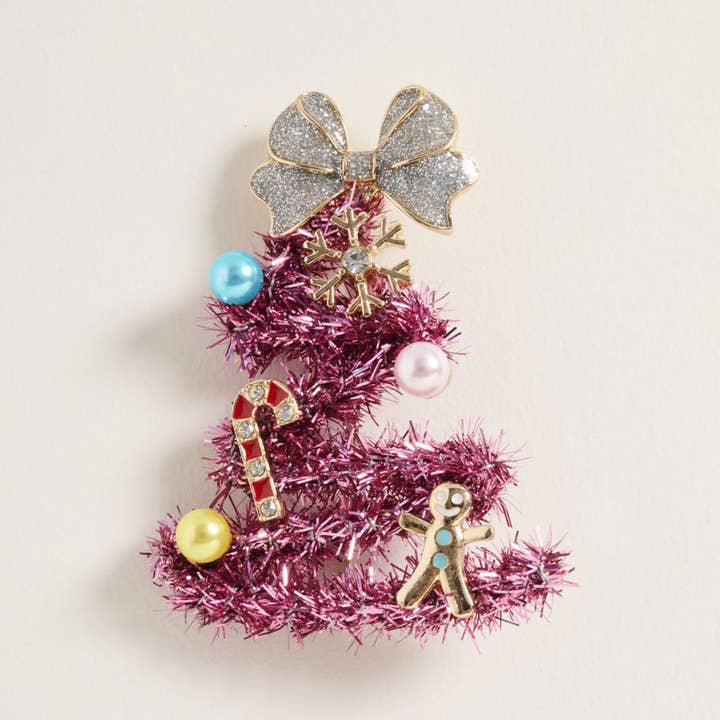 Whimsical Pearl Bow Snowflake Charm Tinsel Christmas Pin Brooch for wholesale by Sensibling Corp.