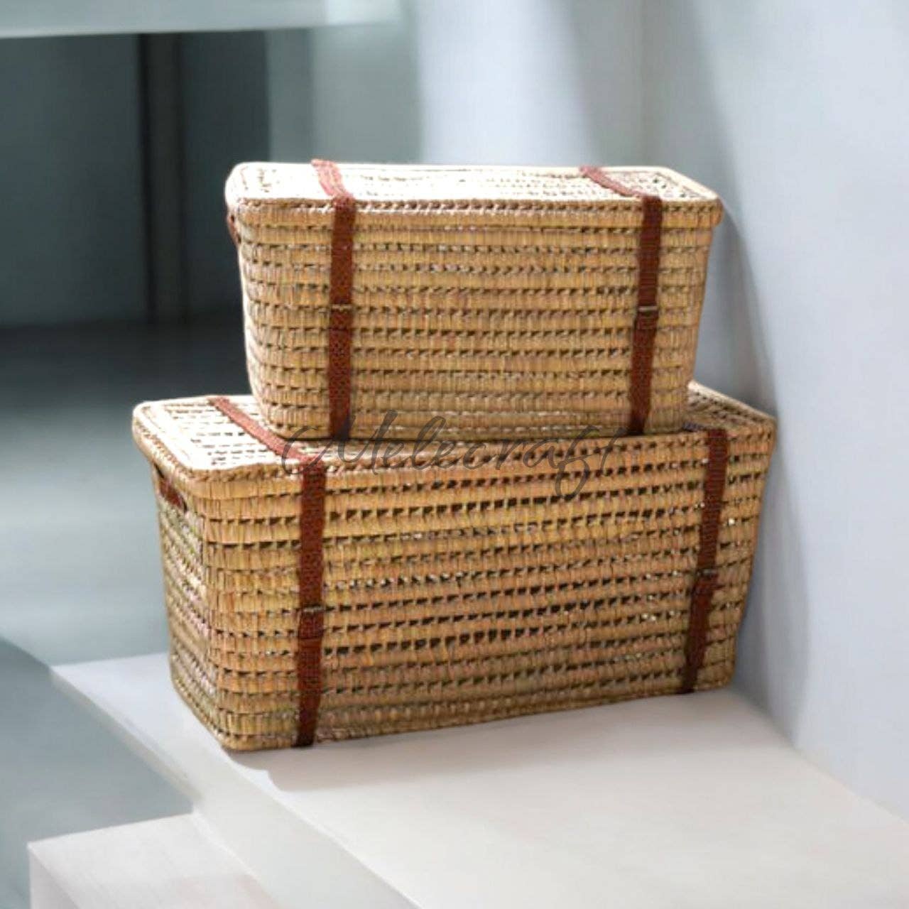 Melecraft – wholesale Basket – Leather-Handled Wicker Storage Basket, Artisan-Made3