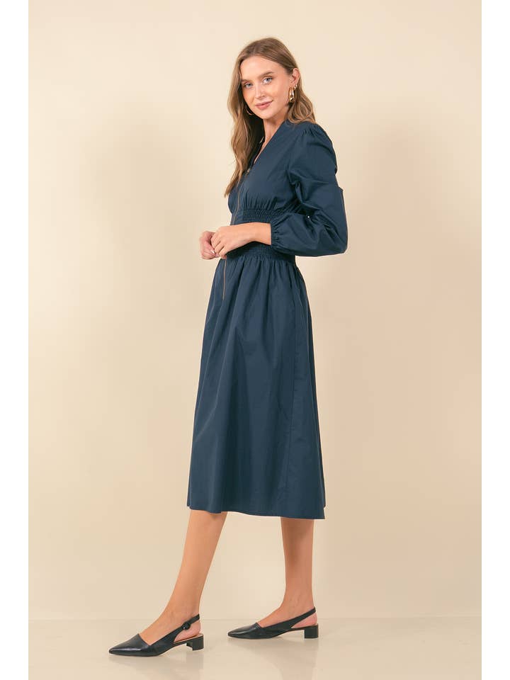 Doe and Rae - Wholesale Dress - Women's - Cotton Poplin Smocked Waist Zip-Front Midi Dress - 27861D