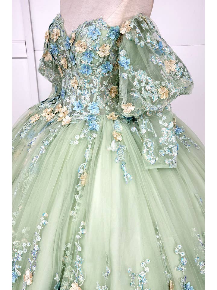 Sage Quinceanera Flower Dress With Sleeves CHF3108 for wholesale on Faire