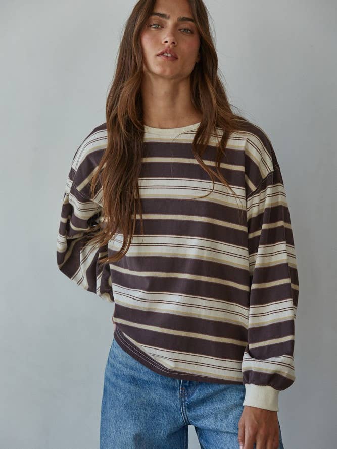 L8608 | Knit Cotton Multi Striped Crew Neck Long Sleeve Top for wholesale by By Together