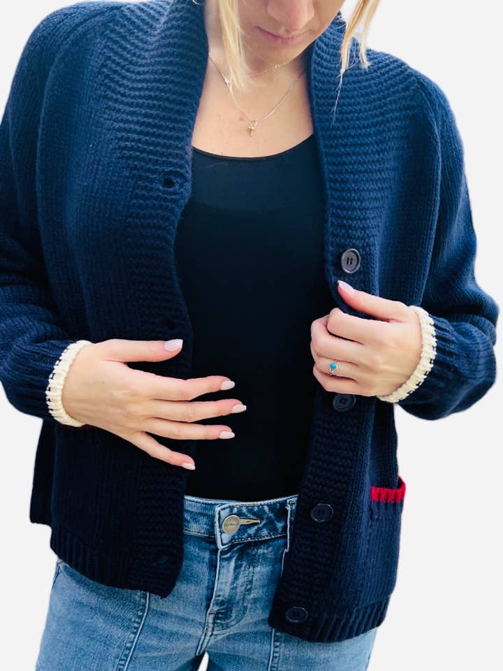 Pink Pineapple - Wholesale Cardigan - Women's - Navy Flag Cardigan with MULTI Tipping Detail