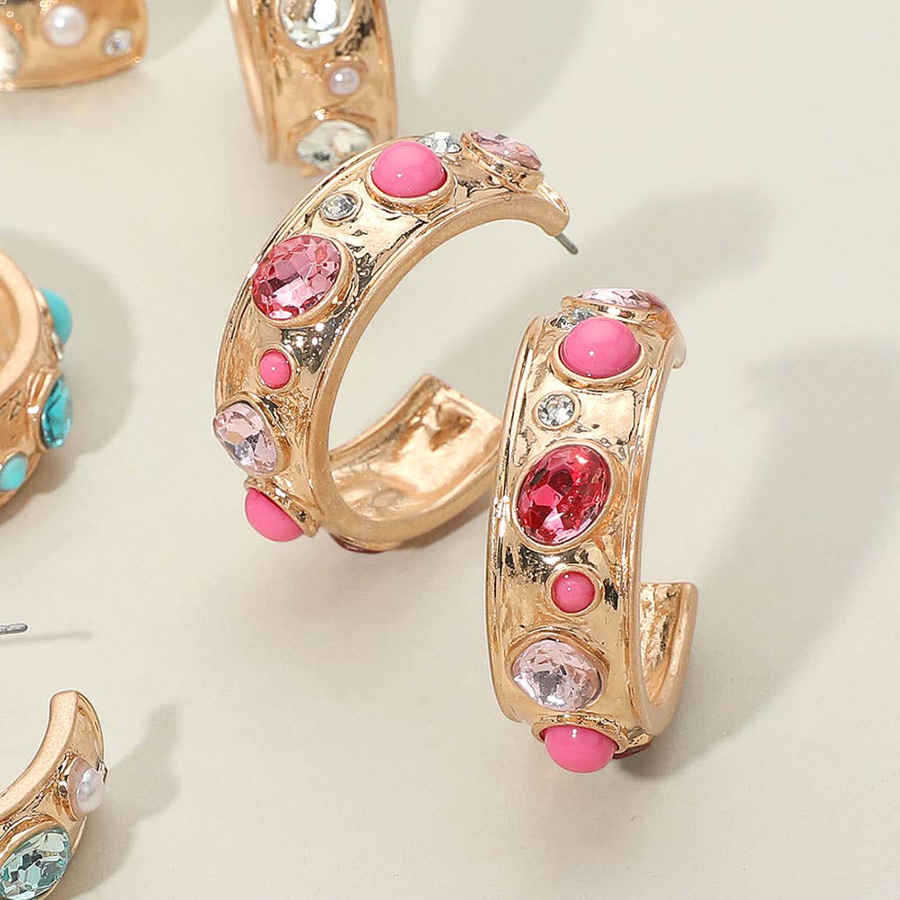 Sensibling Corp. - Wholesale Hoop Earrings - Mixed Stone Pearl Embellished Hoop Earrings4