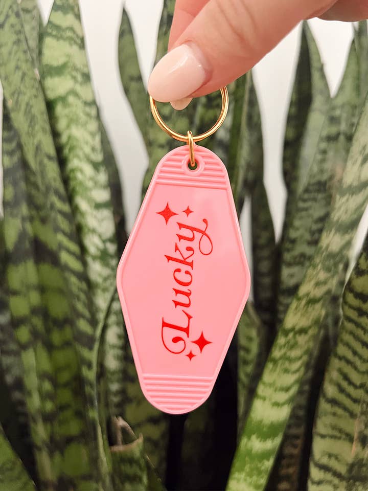 Glücklicher Motel-Schlüsselanhänger (Pink & Rot) für den Großhandel von Maddon and Co