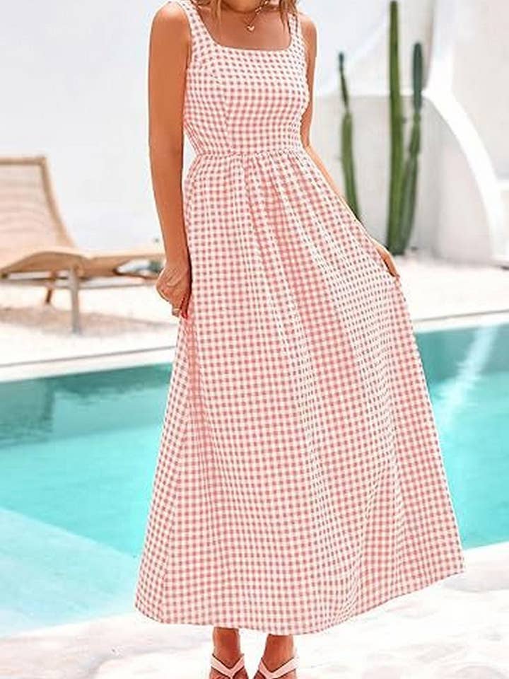 NINEXIS - Wholesale Dress - Women's - CWDHL1084_SPAGHETTI STRAP SQUARE NECK PLAID SHIRRED DRESS10