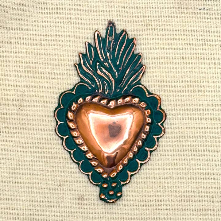 Tesoros Trading Company - Wholesale Wall Accent - Handmade Oxidized Copper Heart Milagro from Peru (MC025)