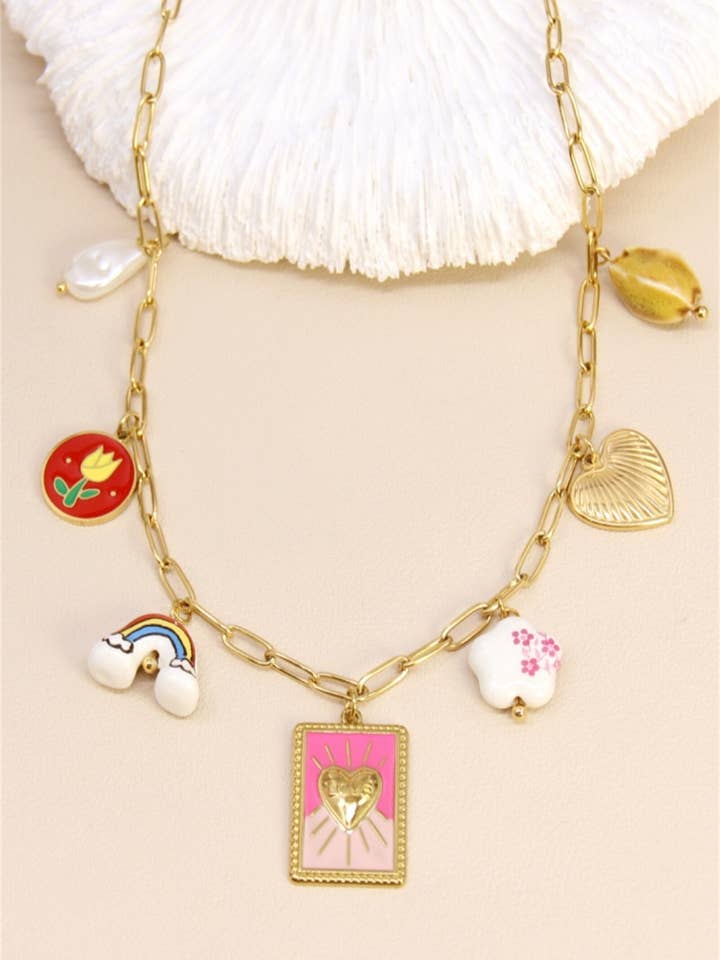 Heart & Rainbow Charms Necklace – Stainless Steel for wholesale by BELLISSIMA BIJOUX