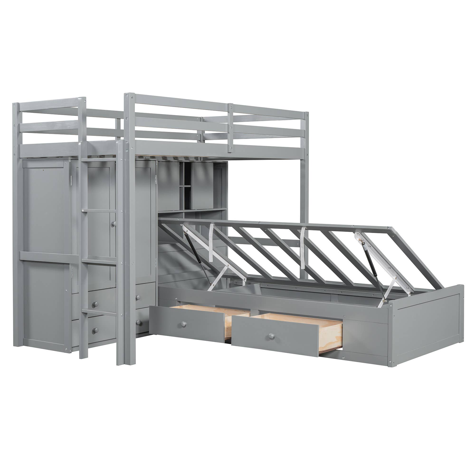 HomeRoots - Wholesale Bed - Gray Twin Over Twin Wood Bunk Bed With Drawers And Storage5