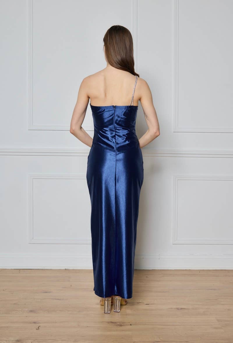 Lautinel – Vestido comprido - Mulher por atacado – Vestido de festa meia-manga bodycon assimétrico com strass R600216