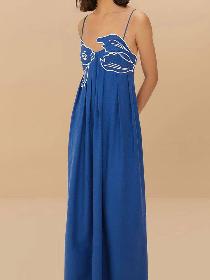 Rosa Clothing - Wholesale Dress - Women's - Vivid goldfish embroidered strappy maxi dress