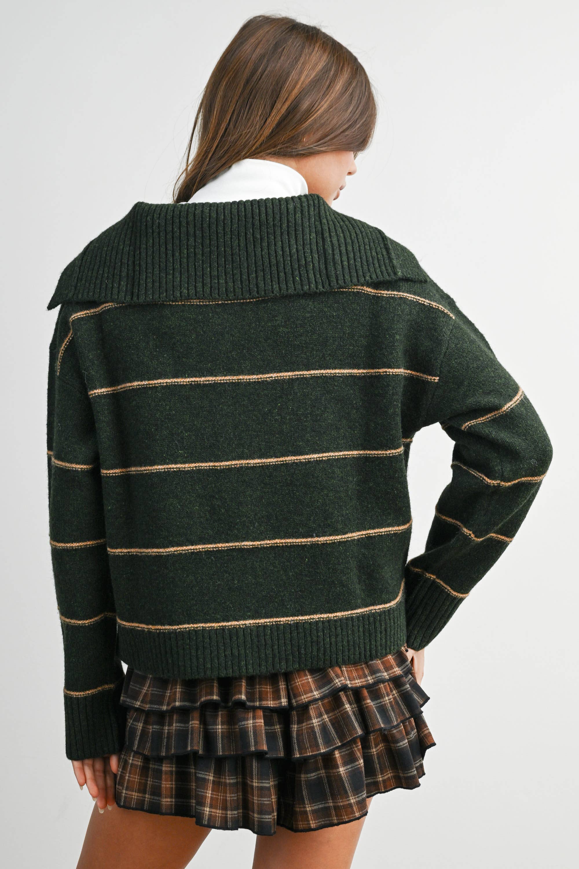 BUTTERMELON - Wholesale Knit Sweater - Women's - Button-Up Striped Collared Long Sleeve Top - BMC788342