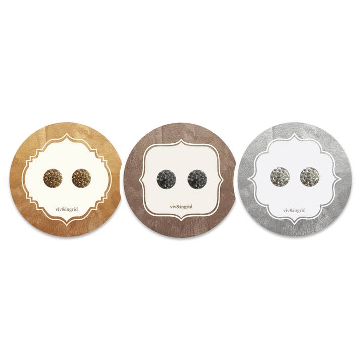 Viv & Ingrid - Wholesale Stud/Post Earrings - Set of 10 8mm Glitterball Posts on Metallic Circle Cards