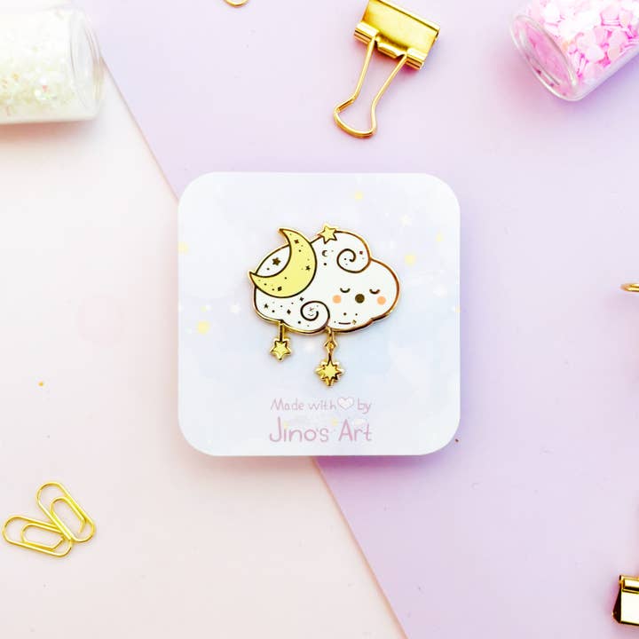 Sleepy moon cloud hard enamel pin- dreamy clouds collection! for wholesale by Jino's Art
