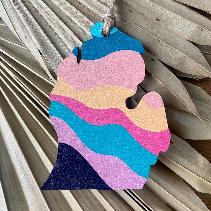 Michigan Lower Peninsula Bright Multicolor Wood Ornament for wholesale by Feather and Birch