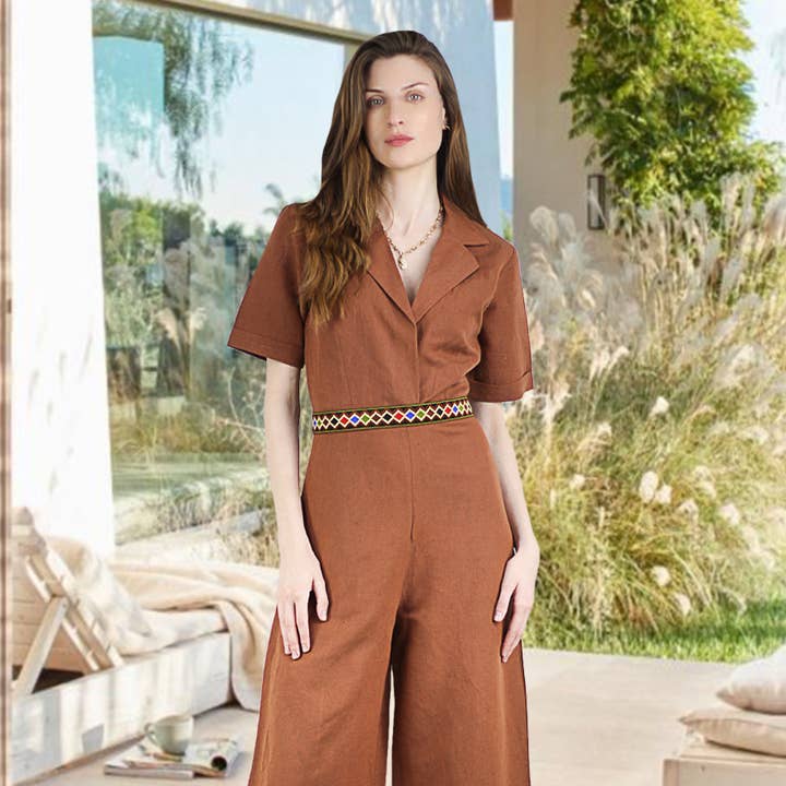 Combinaison en lin à jambes larges pour femmes Artyska, col à encoches, manches courtes, tenue décontractée pour les vacances à la plage. pour la vente par Artyska