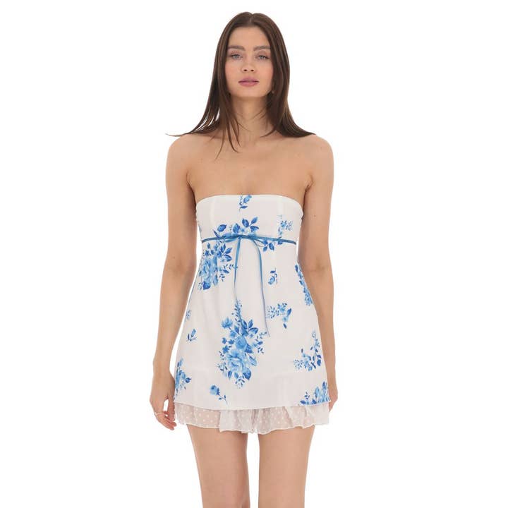 Lucy In The Sky - Wholesale Dress - Women's - Floral Dotted Strapless Dress in White4