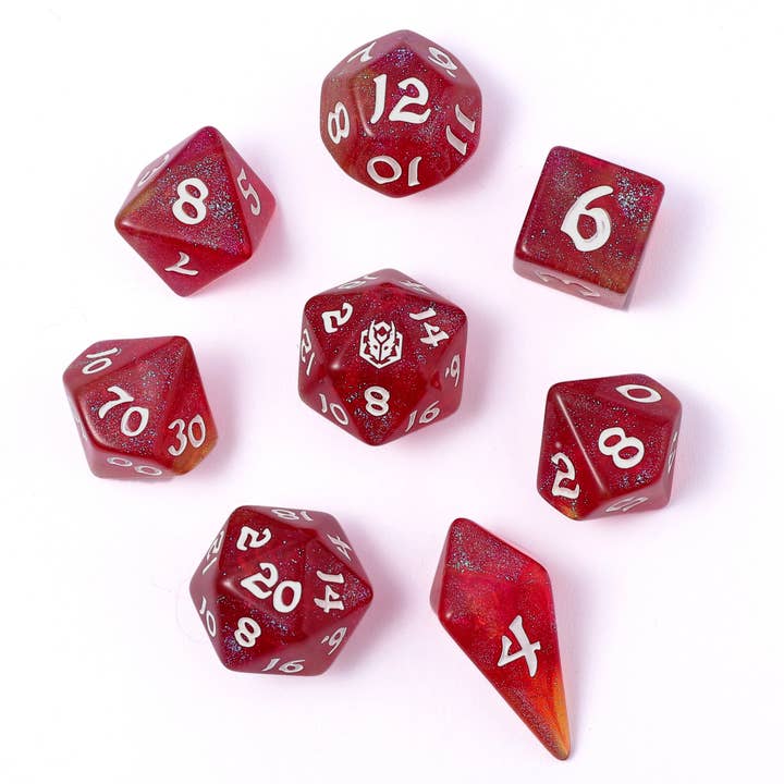 HY02030 Rouleaux Forgés par le Dragon - Ensemble de Dés Polyédriques à Bord Arrondi de 8 Pièces - Étincelle Infernale pour la vente par Hymgho Premium Dice