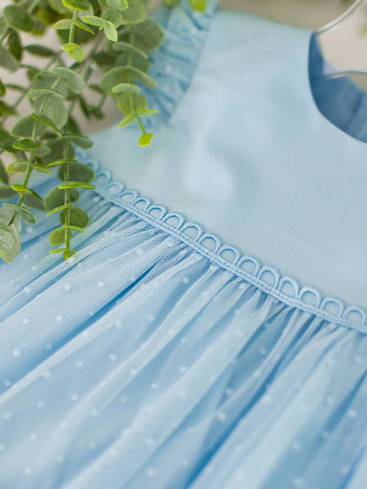 Baby Girls Light Blue Dotted Tulle Dress & RuffleButt Set for wholesale on Faire