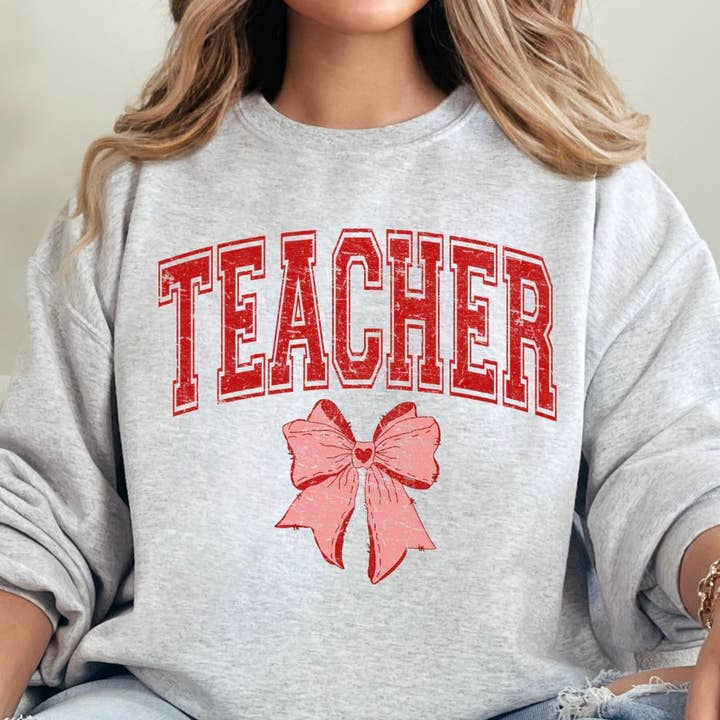 Teacher Bow Sweatshirt – Varsity Valentines Graphic Crewneck for wholesale by Southern Rheas
