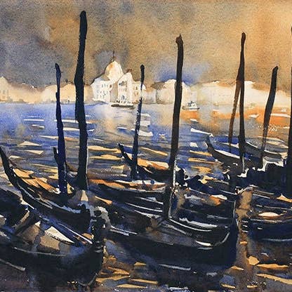 Venice gondolas & church of San Giorgio Maggiore in the medieval city of Venice, Italy watercolor painting Venice fine art home (print) for wholesale by Ryan Fox Fine Art