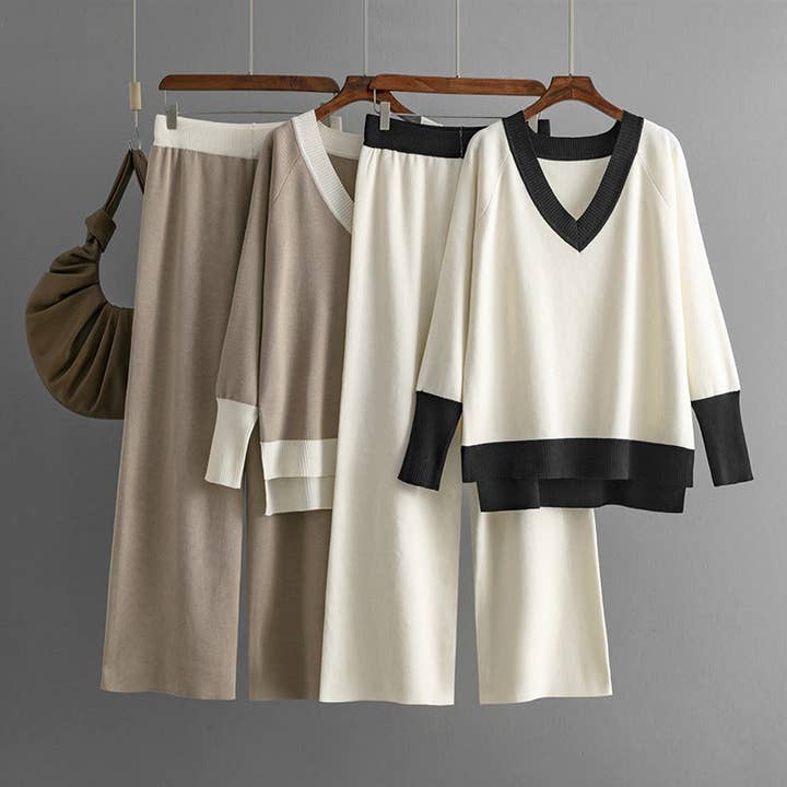 Marayn - Wholesale Top & Pant Set (NOT Loungewear) - Women's - EuroChic Knit Set VNeck Wide Leg Trend2
