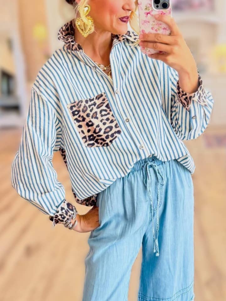 Chic Western Leopard & Striped Patchwork Shirt for wholesale by Rosa Clothing