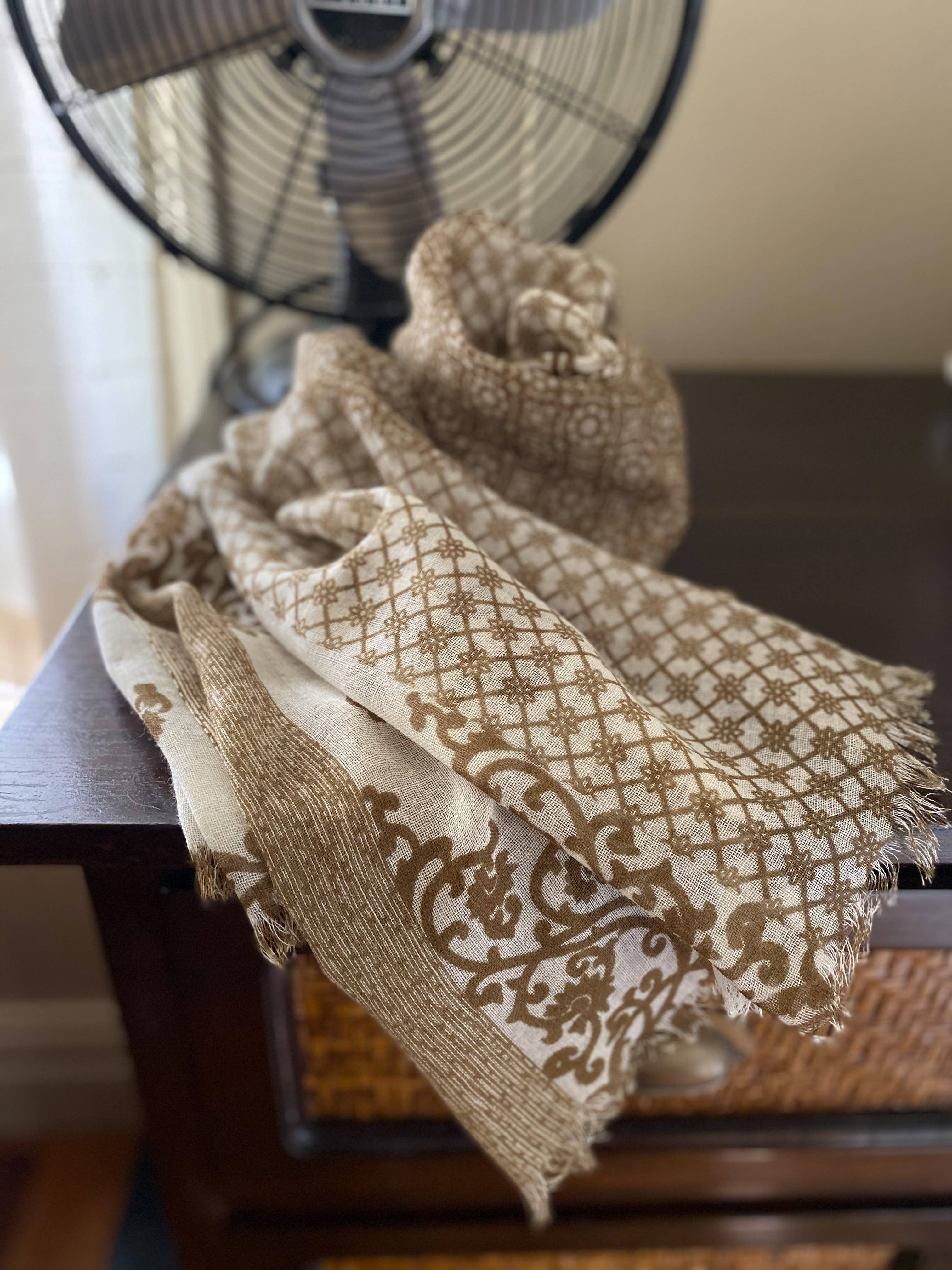 Indigo Handloom - Wholesale Scarf - Women's - Mixed Print Wool - Wheat2