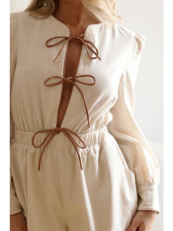 tone linen Tie- Detail Long Sleeve romper for wholesale on Faire