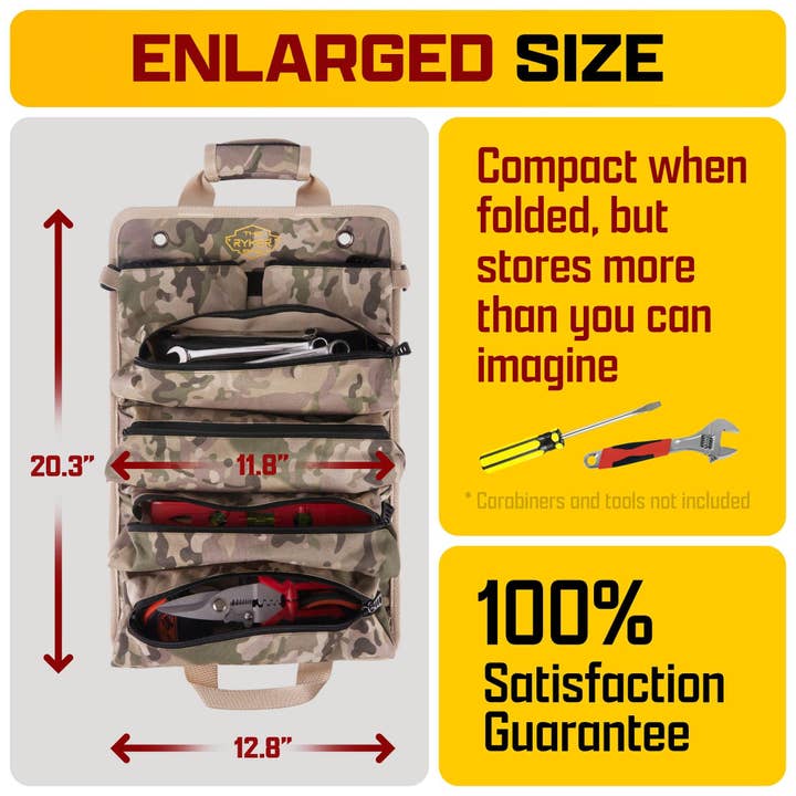 The Ryker Bag - Wholesale Tool Set - CAMO Tool Roll Organizer with 2 Detachable Pouches