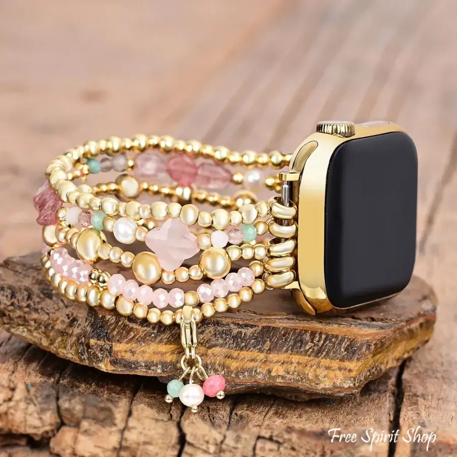 Free Spirit Shop - Wholesale Watch Band/Strap - Women's - Rose Quartz Beaded Apple Watch Band with Clover Charm0