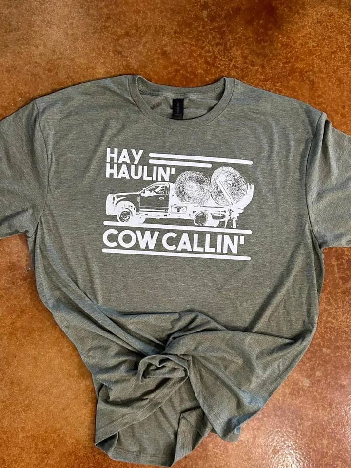 hay haulin cow calling, ranching tee, western tee, men’s for wholesale by Roadside Ranch