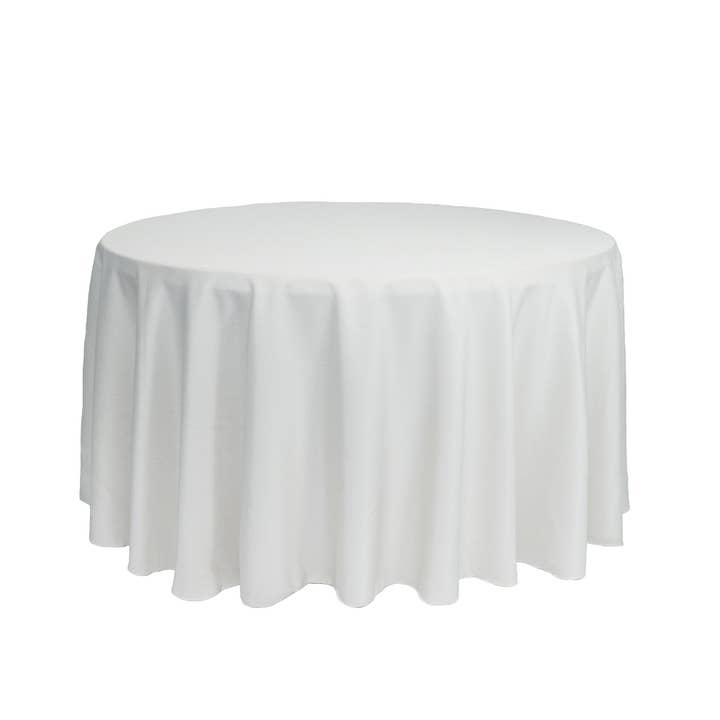 108 inch Polyester Round Tablecloth White for wholesale by YOUR CHAIR COVERS