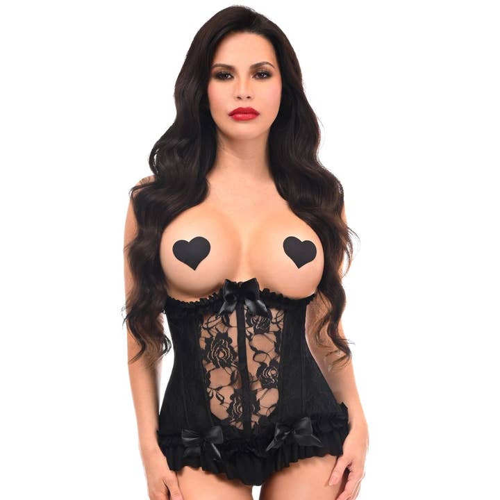 Corset noir somptueux en lycra et dentelle à crochets et œillets sous la poitrine pour la vente par Daisy Corsets