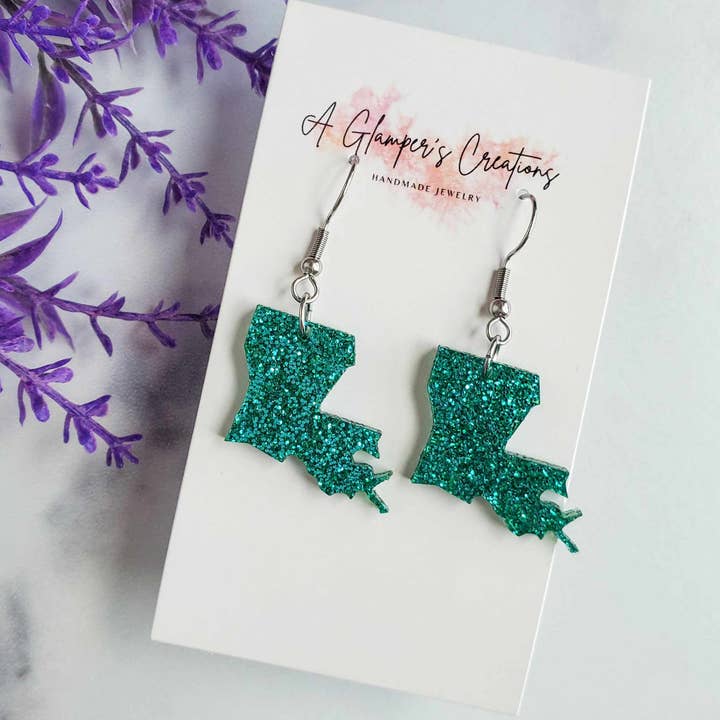 Turquoise Glitter Louisiana Acrylic State Earrings for wholesale by A Glamper's Creations LLC