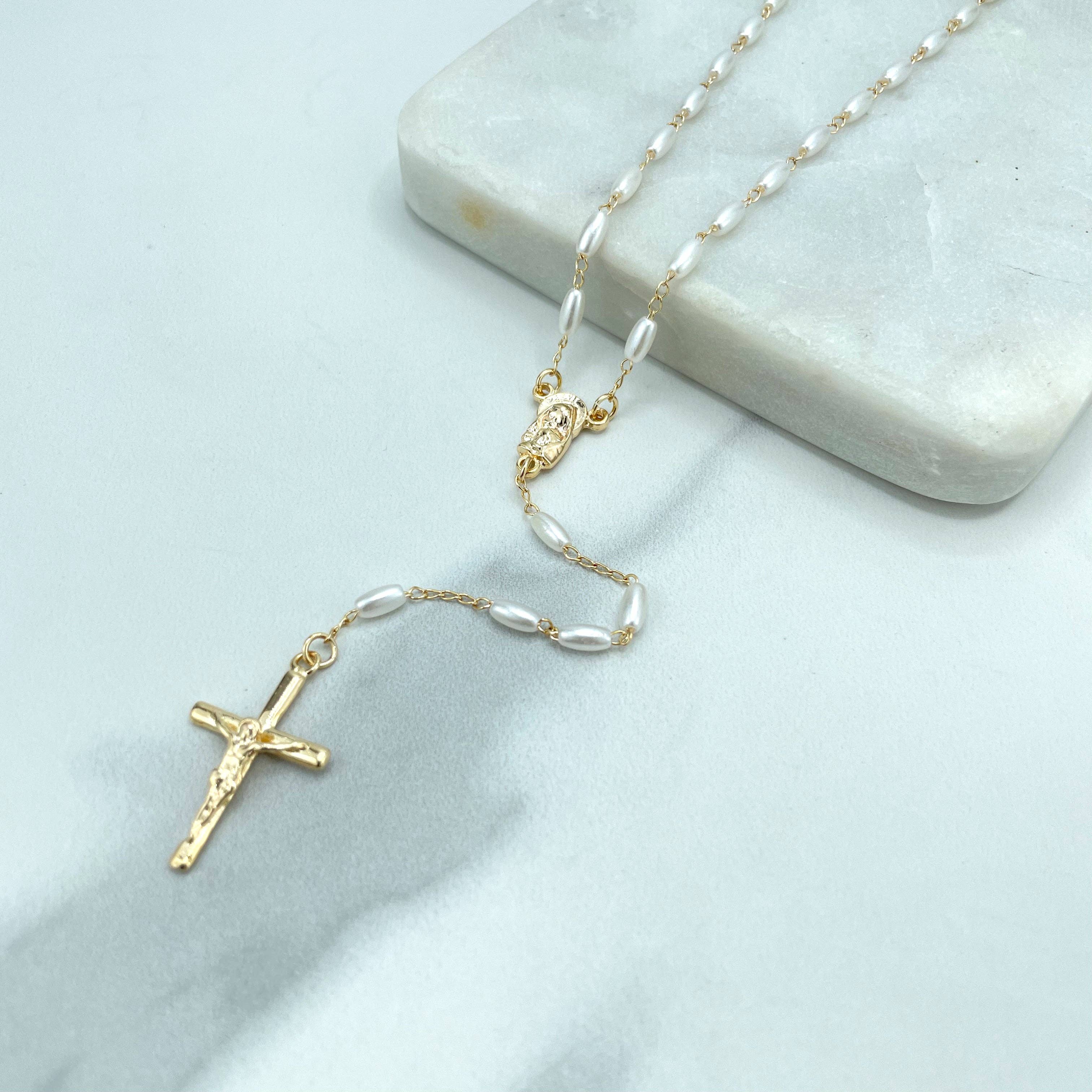 Luxus Accessories - Wholesale Prayer Beads Necklace - 18k Gold Filled Virgin Mary Face Hugging Child Jesus Christ Rosaries with Simulated Rice Pearls0