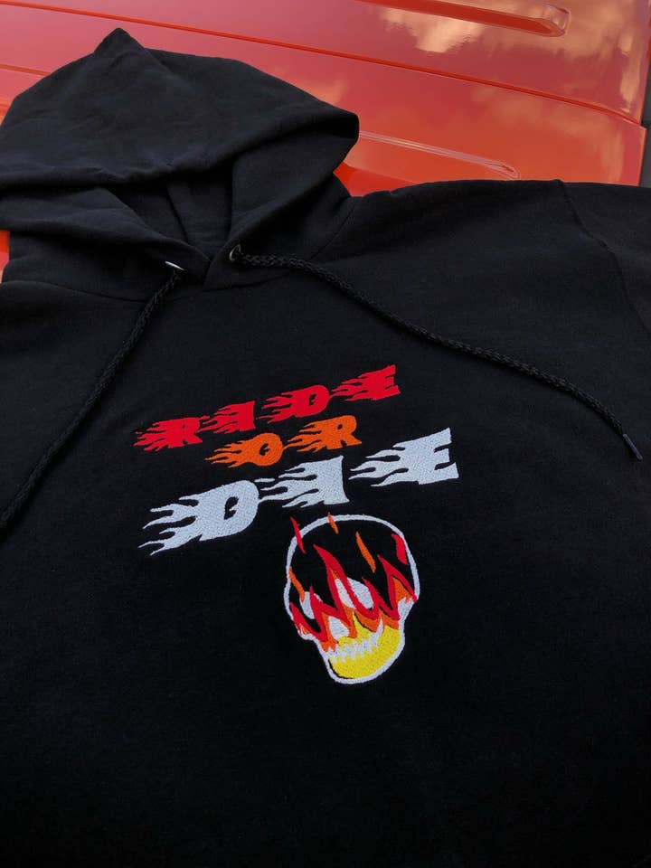 Ride or Die Hoodie, Skull hoodie, Fire Race Car Embroidery for wholesale by AntiConstruct