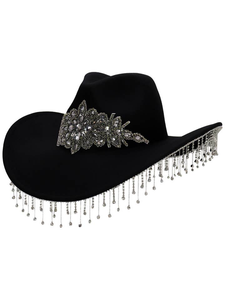 Gunmetal Flower Bling Rhinestone Fringe Cowgirl Hat for wholesale by Cap Zone
