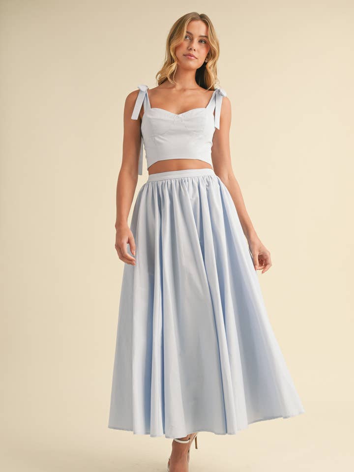 IST5866 TOP WITH BOW DETAILS AND LONG FULL MIDI SKIRT SET for wholesale by Klesis