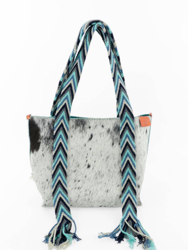 PIAMA TOTE BAG MEDIUM FURRY / WH&BLK - TURQUOISE #190007 for wholesale by Joaquina Cayetana