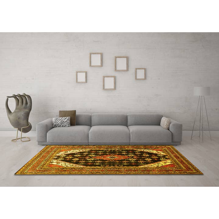 Machine Washable Medallion Yellow Traditional Area Rugs for wholesale by Ahgly