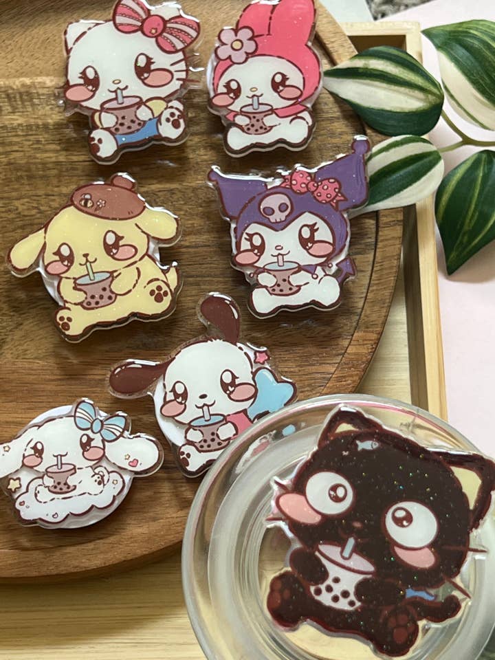 San Friends Boba Buddies Glitter Epoxy Acrylic Phone Grips for wholesale by Peony Lee Art
