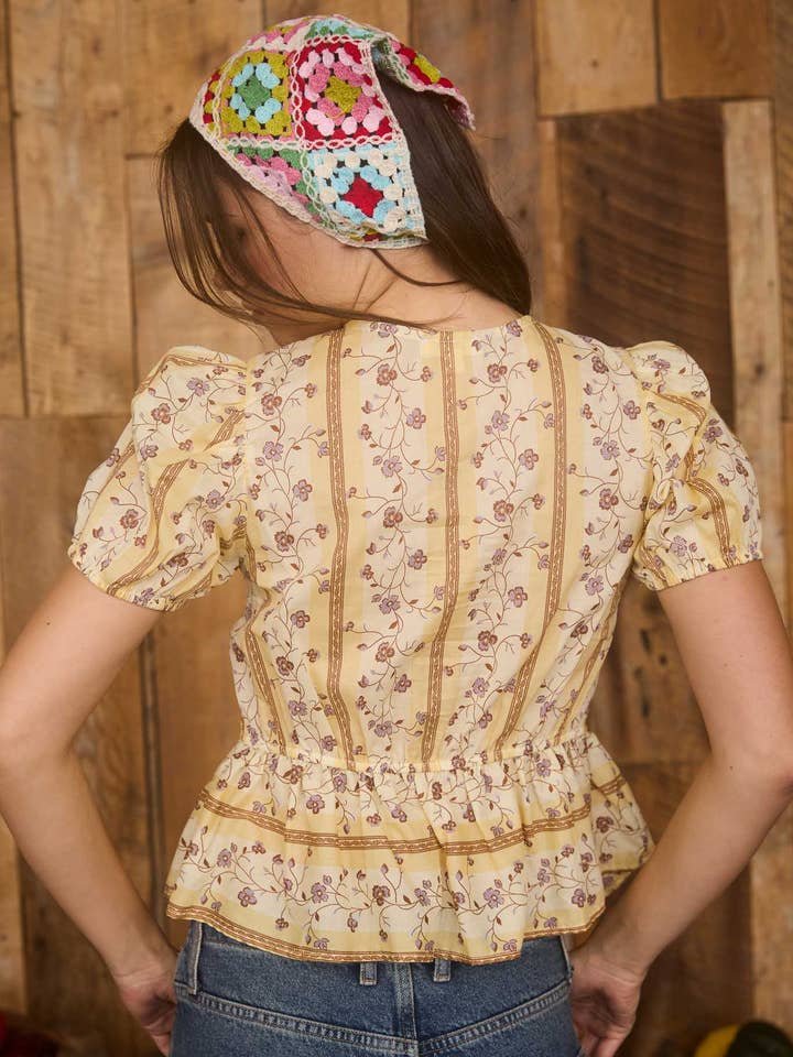 YELLOW MULTI FLORAL STRIPE PATTERN FRONT TIE PUFF SLEEVE BLOUSE for wholesale on Faire1