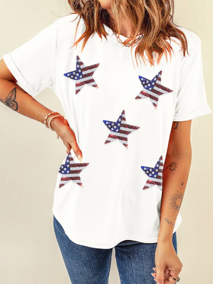 Lovesoft - Wholesale T-Shirt - Women's - Multicolor Sequined American Flag Star Graphic T Shirt
