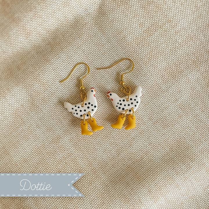 Sydni Carlson Art - Wholesale Dangle Earrings - Polka Dot Chickens in Boots Earrings2