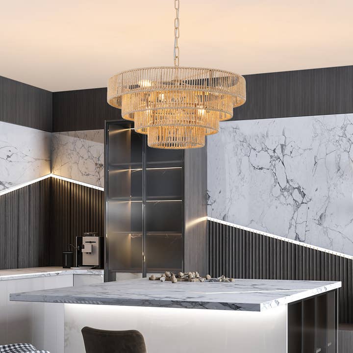 Wood Bohemian Woven 4-Tier Rattan Pendant Light Chandelier for wholesale on Faire