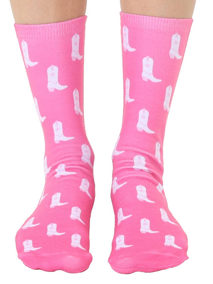 Novelty Graphic Crew Socks - White Cowgirl Boots - Pink for wholesale by Living Royal