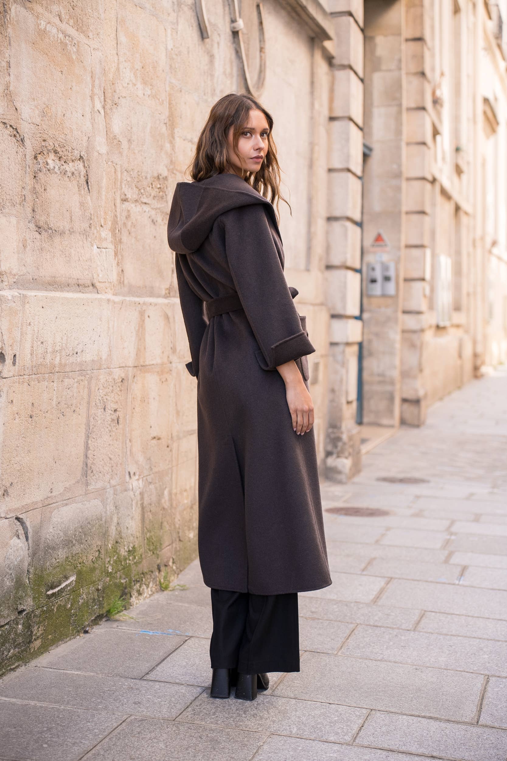Attentif Paris - Wholesale Coat - Women's - Hand-sewn long wool coat with large hood and belt13