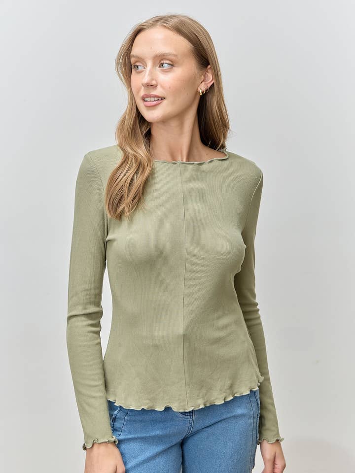 TOP DE MALHA DE MANGA COMPRIDA COM BAINHA MERROW por atacado de Polagram by Wellmade USA