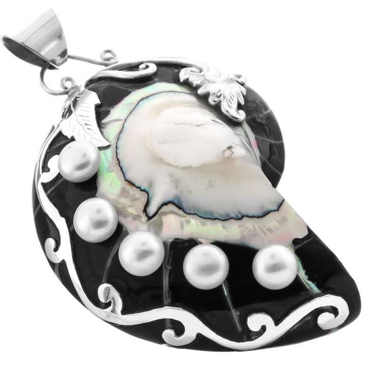925 sterling silver black nautilus shell freshwater pearl sterling pendant, 3" for wholesale by FifiRose